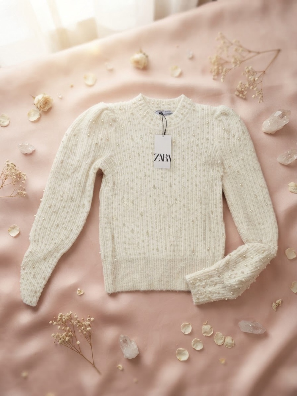 ZARA Cream Pearl-Embellished Ribbed Sweater